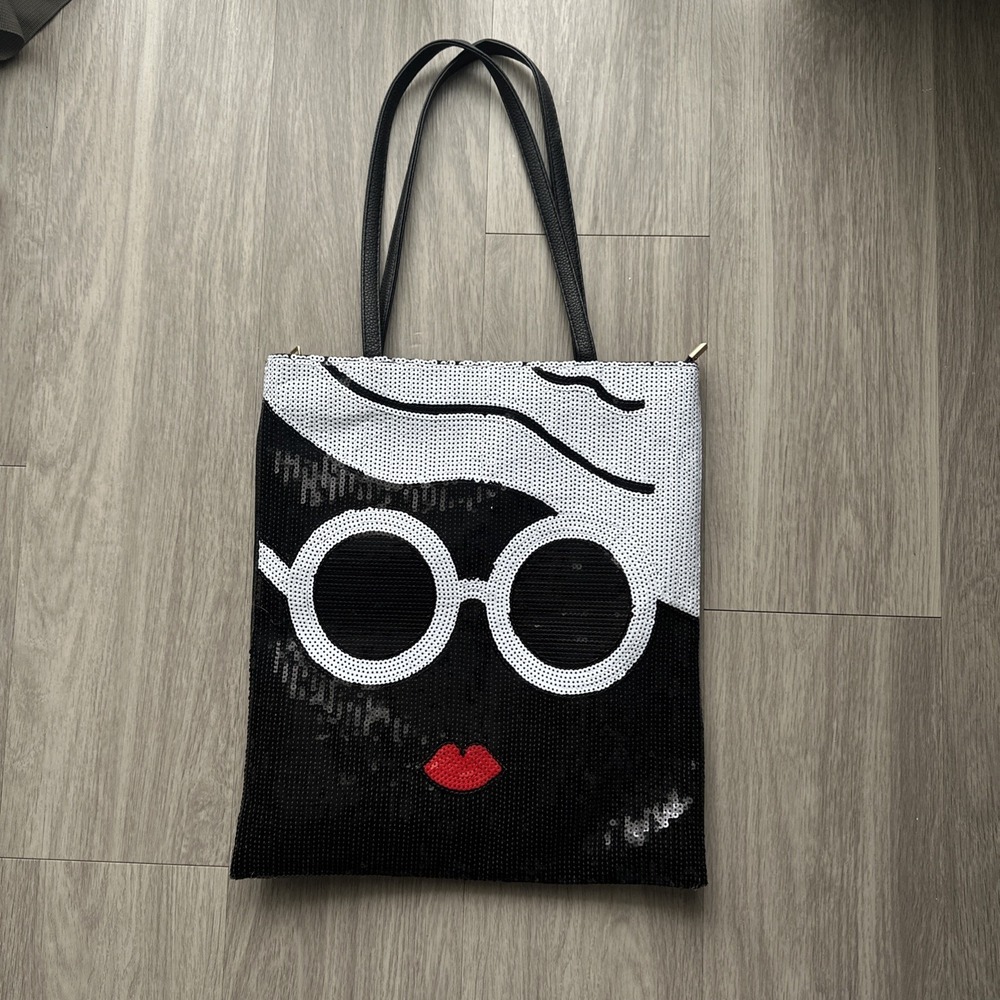 Sparkly Sequin Face Tote Bag Black Faux Leather Top Handle Zip Closure